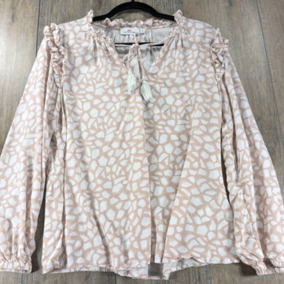 Vineyard Vines Top Womens Medium Beige Print Peasant Long Sleeve Ruffle Trim BOH - Picture 2 of 10
